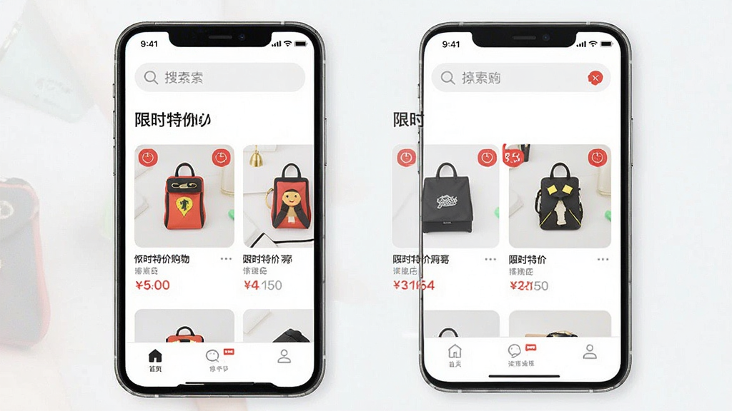一张展示惊喜特价购物应用界面的手机预览图,主体为手机屏幕,屏幕上显示惊喜特价购物应用首页,布局包含顶部搜索栏、中部限时特价商品卡片、底部导航栏,排版清晰,风格为现代简约电商风,细节包括商品图片、价格标签、倒计时角标,画质高清,干净,无多余元素