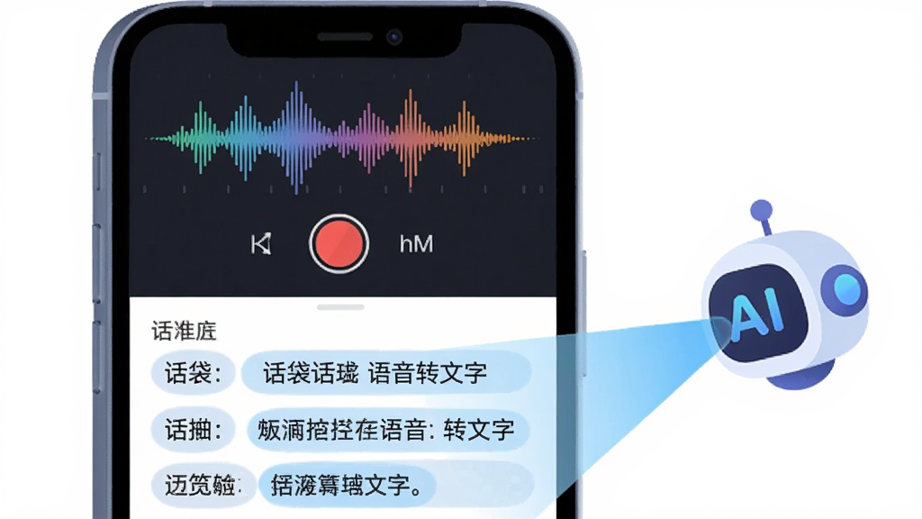 主体是话袋App的语音转文字功能界面截图风格插画,画面中央是一部手机,屏幕上半部分显示正在录音的波形图,下半部分显示逐句浮现的文字段落,手机右侧有一个AI机器人图标正在用光束扫描文字,布局为左中右结构,排版上文字段落有高亮标注,风格为扁平化科技插画,细节上波形图有彩色渐变,文字块有淡蓝色底纹,画质高清,画面干净无多余元素,图中文字标注“话袋 语音转文字”