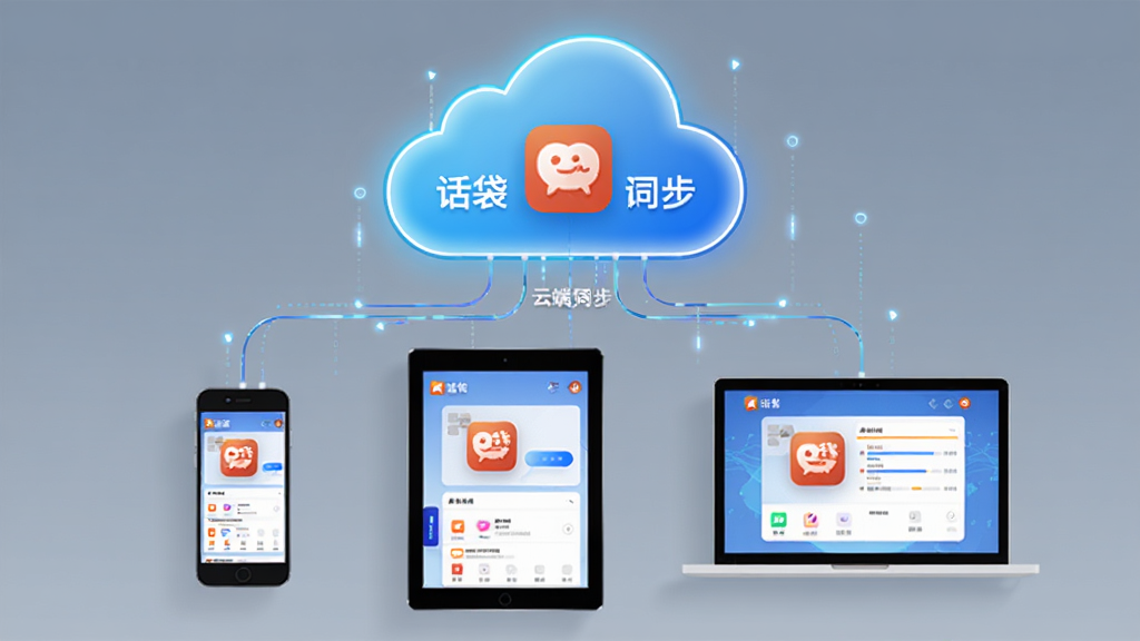 主体是话袋App的云端同步功能展示图,画面中央是一个发光的云朵图标,云朵下方连接着手机、平板、笔记本电脑三台设备,设备屏幕上都显示话袋的界面缩略图,布局为上下结构,排版上云朵在上设备在下,风格为科技感扁平插画,细节上云朵有数据流线条连接设备,设备有轻微悬浮效果,画质高清,画面干净无多余元素,图中文字标注“话袋 云端同步”