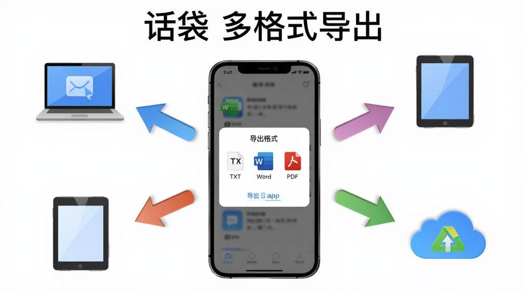 主体是话袋App的导出分享功能示意图,画面中央一部手机屏幕显示导出格式选择弹窗,弹窗中有TXT、Word、PDF等选项图标,手机周围有箭头指向笔记本电脑、平板和云端存储图标,布局为放射状构图,排版上手机居中,周围设备呈环形排列,风格为简约商务插画,细节上箭头有渐变色彩,设备图标有轻微立体感,画质高清,画面干净无多余元素,图中文字标注“话袋 多格式导出”