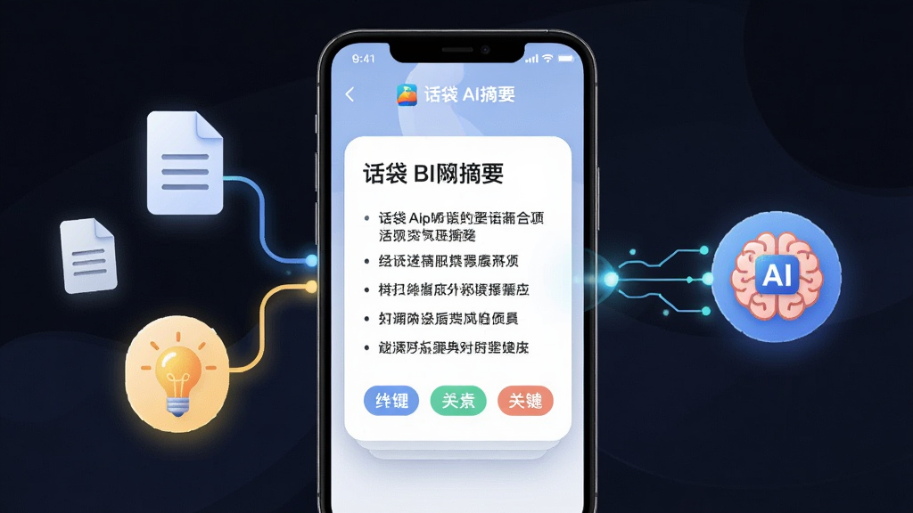 主体是话袋App的AI摘要生成界面,画面中央一部手机屏幕显示一份结构清晰的摘要卡片,卡片上有标题、要点列表和关键词标签,手机左侧漂浮着文档图标和灯泡图标,右侧有一个AI大脑图标发出连接线指向摘要卡片,布局为左右环绕式,排版上摘要卡片占据视觉中心,风格为清新商务插画,细节上卡片有圆角阴影,连接线有发光效果,画质高清,画面干净无多余元素,图中文字标注“话袋 AI摘要”