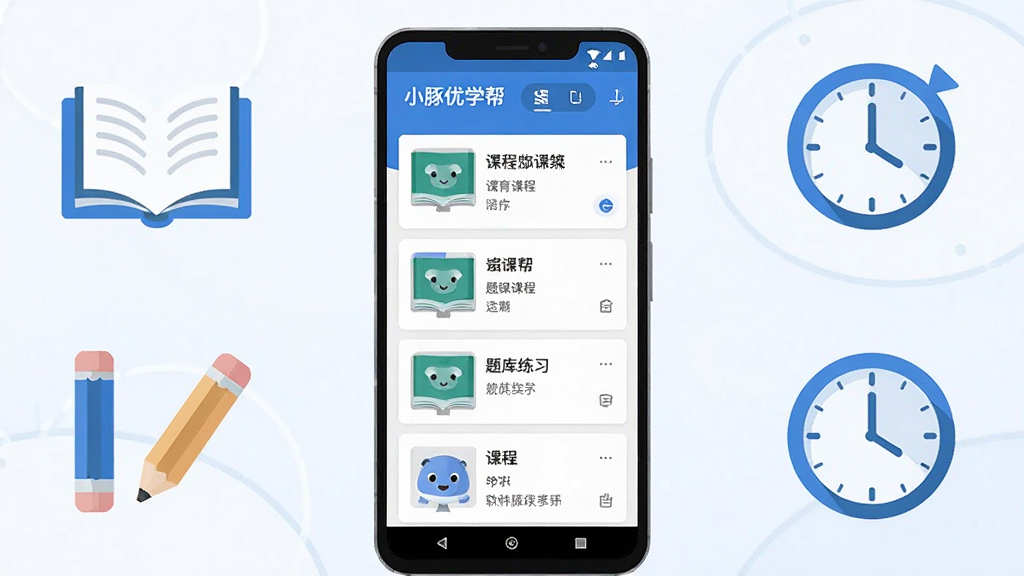 一张展示小豚优学帮软件整体界面的宣传图,主体为一部竖屏安卓手机,屏幕内呈现课程列表与题库练习页面,布局采用居中构图,手机两侧点缀书本、铅笔与时钟图标,排版干净有序,风格为现代扁平化教育科技风,细节上突出蓝色主色调与白色卡片式设计,画质清晰,画面干净,无多余元素