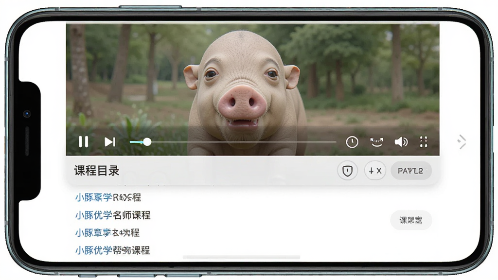 一张小豚优学帮名师课程视频播放界面的示意图,主体为手机横屏播放器,布局采用上方视频画面下方课程章节列表,排版规整,风格为在线教育平台常见设计,细节包含播放控制条、倍速按钮与课程目录,画质清晰,画面干净,无多余元素