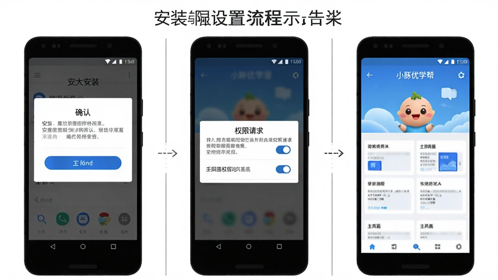 一张展示小豚优学帮在安卓手机上安装与权限设置流程的示意图,主体为手机屏幕依次展示安装确认、权限请求与主界面三个画面,布局采用横向排列的三格分镜,排版清晰,风格为教程类UI展示,细节包含蓝色高亮按钮与权限开关图标,画质干净,无多余元素