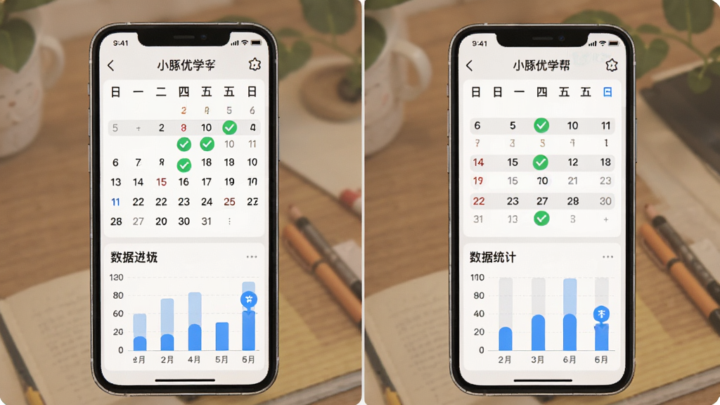 一张小豚优学帮学习计划与打卡功能的界面示意图,主体为手机屏幕中的日历打卡页面与数据统计图表,布局采用上方日历下方柱状图,排版整洁,风格为轻量化效率工具风,细节包含绿色打卡标记与蓝色进度条,画质干净,无多余元素