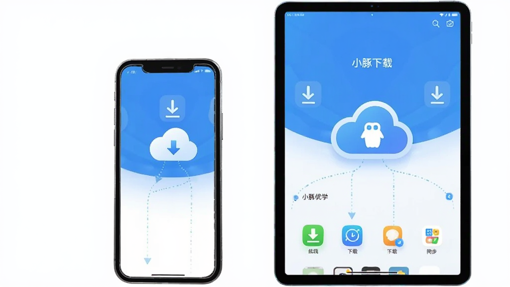 一张小豚优学帮离线下载与多端同步功能的示意图,主体为手机与平板两台设备并排展示,布局采用居中对称构图,排版简洁,风格为科技感教育应用风格,细节包含下载箭头图标与同步云图标,画质清晰,画面干净,无多余元素