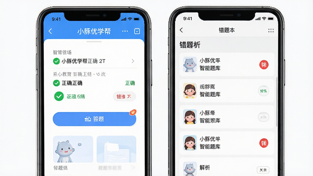 一张小豚优学帮智能题库功能的界面示意图,主体为手机屏幕中的答题页面与错题本列表,布局采用左右分栏展示答题区与解析区,排版清晰,风格为清爽教育类UI设计,细节包含蓝色答题按钮、绿色正确标记与红色错误标记,画质干净,无多余元素