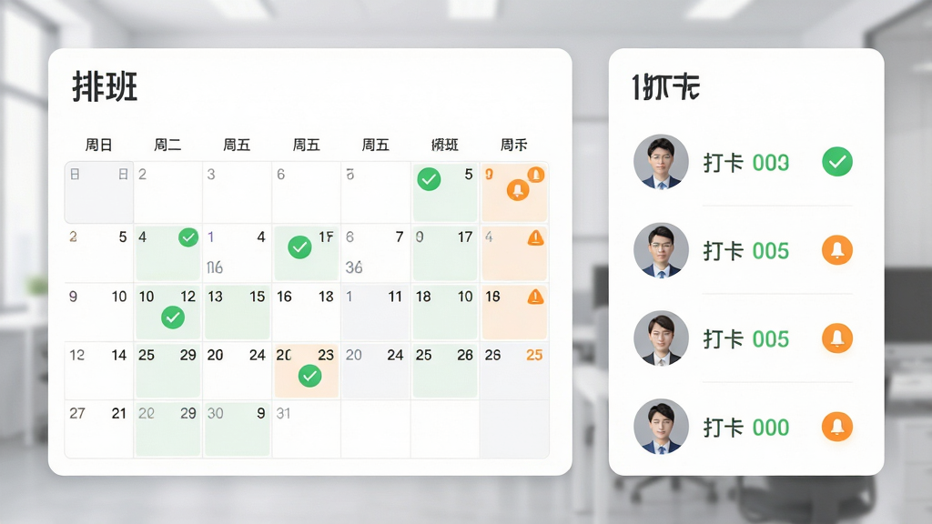 老板管理日进斗金员工排班考勤界面示意图,画面左侧为日历式排班表,右侧为员工头像列表与打卡状态图标,背景为浅灰色办公场景虚化,布局采用卡片式分层,风格为清新商务风,细节包含绿色对勾与橙色提醒标识,画质柔和干净,画面中“排班”“打卡”文字清晰可见