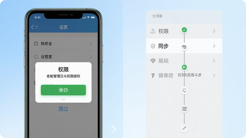 老板管理日进斗金新手安装设置引导界面,画面为手机屏幕显示权限授权弹窗与设置选项列表,背景为浅蓝色渐变,布局采用垂直步骤条,风格为简洁引导页,细节包含绿色允许按钮与灰色跳过链接,画质清晰干净,画面中“权限”“同步”文字醒目无多余图标