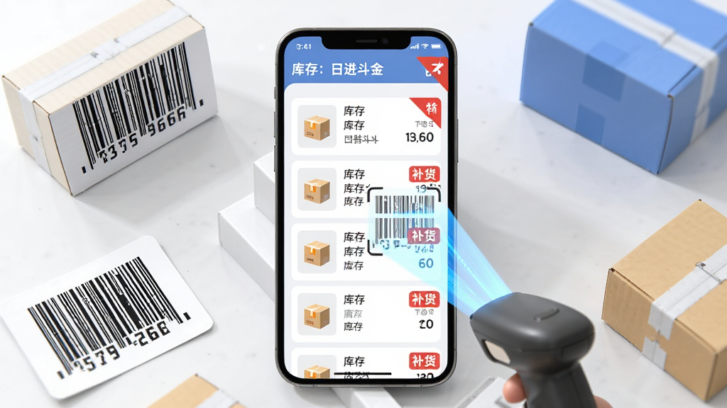 老板管理日进斗金商品库存管理功能界面,画面展示手机屏幕内商品列表与库存数量标签,屏幕外散落条形码与包装盒,布局采用中心聚焦式,风格为现代零售场景,细节包含扫码光束与库存预警红色角标,画质明亮干净,画面中“库存”“补货”文字醒目无杂乱元素