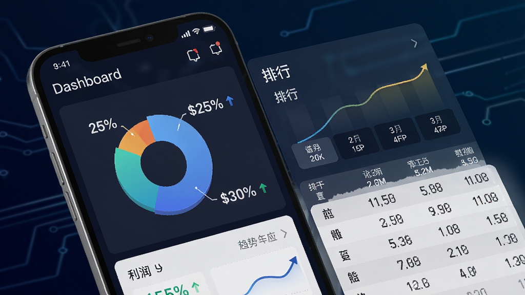 老板管理日进斗金经营报表分析界面,画面为手机屏幕展示饼图与数据表格并列排布,背景为深色渐变科技风,布局采用上下分栏,风格为数据分析仪表盘,细节包含百分比标签与趋势箭头,画质锐利干净,画面中“利润”“排行”文字清晰无冗余装饰