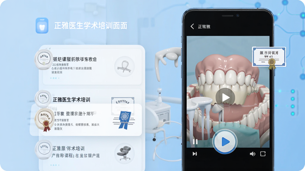 正雅医生学术培训页面,手机屏幕显示在线课程列表与视频播放界面,画面中有牙齿矫正动画、学术证书图标、播放按钮等元素,风格为教育科技风,浅蓝色调,画质清晰干净