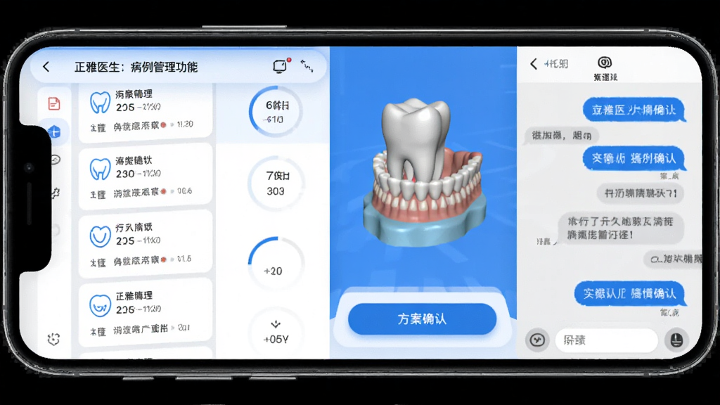 正雅医生病例管理功能界面,手机屏幕显示病例列表与进度条,画面中有牙齿3D模型、方案确认按钮、聊天对话框等元素,整体风格为医疗科技感,蓝白色调,画质清晰干净