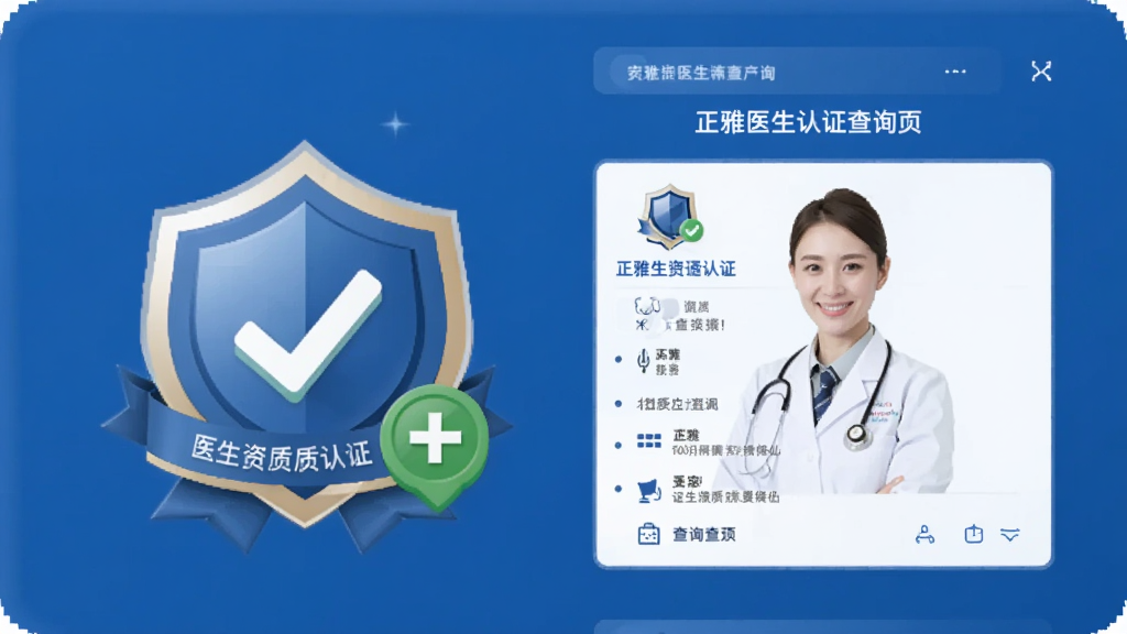 正雅医生认证查询页面,手机屏幕显示医生资质认证徽章与查询结果,画面中有盾牌图标、对勾标记、医生职业照等元素,风格为商务专业,蓝白配色,画质干净无多余元素