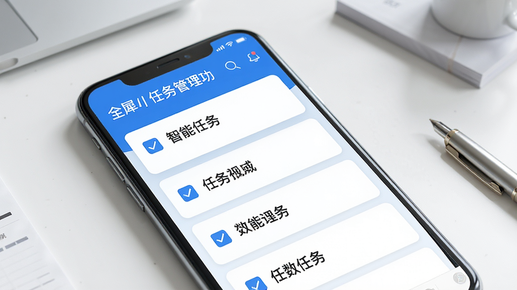 一张展示“全犀”智能任务管理功能的界面图,画面主体为手机屏幕特写,屏幕内显示任务卡片列表,卡片上有勾选框和文字标签,配色为蓝白相间,背景为干净的书桌环境,风格清新商务,细节清晰,画质高清,画面干净无多余元素