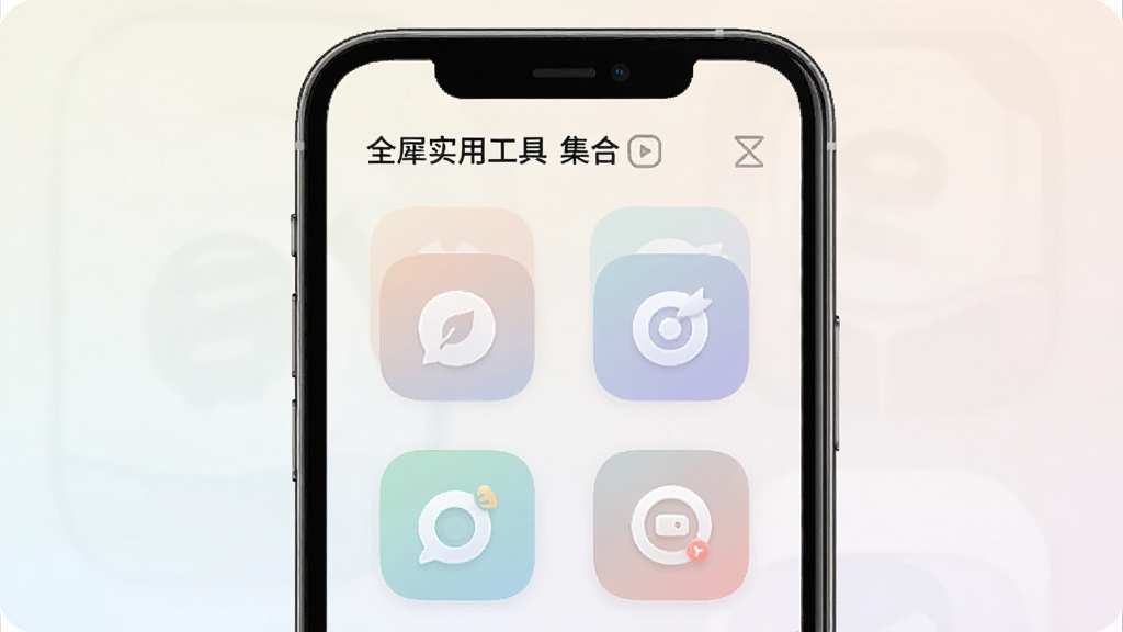 一张展示“全犀”实用工具集合页面的界面图,画面为手机屏幕正面视角,屏幕内以网格形式排列多个工具图标,图标风格统一为圆角方形,配色柔和,背景为浅色渐变,整体风格简约清爽,画质高清,无多余元素