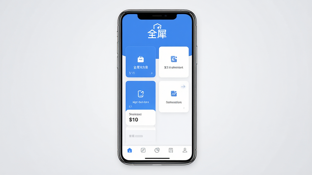 一张展示“全犀”软件主界面的手机预览图,画面中央是一部竖屏智能手机,屏幕内呈现简洁的蓝白色调应用界面,顶部有“全犀”文字标识,中部为功能模块卡片布局,底部为导航栏,背景为干净的浅灰色渐变,风格现代简约,细节清晰,画质高清,无多余元素