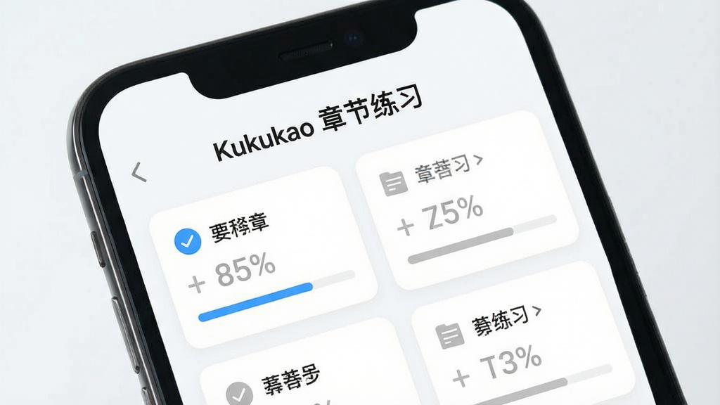 一张表现Kukukao题库章节练习功能的界面图,主体为手机屏幕特写,屏幕中显示多个科目章节卡片与进度条,布局为上下结构,上方标题区写着“Kukukao 章节练习”,排版整齐,风格为清新浅色系学习类应用界面,细节包括蓝色勾选图标、灰色未完成状态、百分比进度数字,画质清晰干净,无多余装饰元素