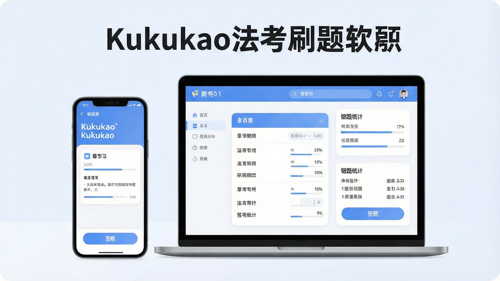 一幅展示Kukukao法考刷题软件界面的场景图,主体是一部竖屏手机与一台打开的笔记本电脑并排摆放,手机屏幕显示题库练习页面,电脑屏幕显示章节列表与错题统计,布局采用居中对称构图,上方留出软件名称文字区域,排版简洁清晰,风格为现代扁平化科技风,细节包括柔和的蓝白配色、圆角卡片、进度条与答题按钮,画质高清干净,无多余元素