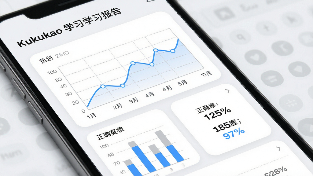 一张展示Kukukao学习数据统计页面的界面图,主体为手机屏幕,屏幕中显示折线图、柱状图与正确率百分比数字,布局为纵向排列的卡片式结构,顶部有“Kukukao 学习报告”文字,风格为简约商务风,细节包括蓝色折线、灰色网格背景、圆角数据卡片,画质高清,画面干净整洁
