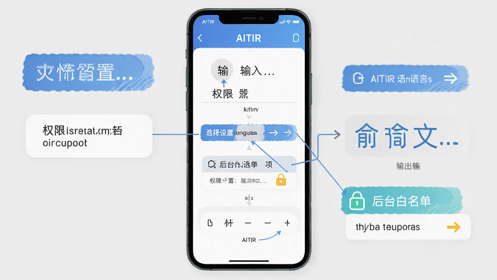 AITIR移动端操作示意图,画面展示手机屏幕中AITIR的翻译流程,从输入文字到选择语言再到输出译文,界面标注权限设置与后台白名单选项,风格扁平化,画质清晰,无多余元素