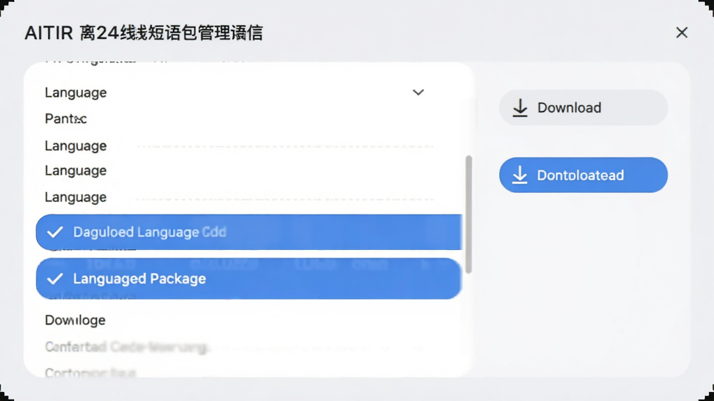 AITIR离线短语包管理界面截图,画面展示语言列表与下载按钮,已下载语言包显示勾选状态,界面采用浅灰色背景与圆角卡片,风格清新,画质清晰,无多余元素