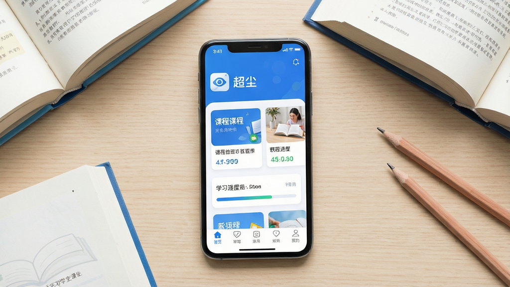 一张展示手机端学习应用界面的场景图,画面中央是一部竖屏智能手机,屏幕显示蓝白配色的教育类APP首页,上方有“超尘”应用名称,页面包含课程卡片、学习进度条与底部导航栏,手机周围散落着书本与铅笔,背景为浅色木质桌面,整体风格清新简约,细节清晰,画质干净,无多余元素