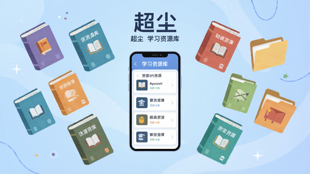 一幅以“超尘”学习资源库为主题的插画,画面主体为悬浮在空中的多个彩色书本与文件夹,每个书本封面标注不同学科图标,背景为柔和的渐变蓝色,中央有一部手机展示资源列表界面,布局对称,风格扁平化,细节丰富,画质清晰,干净无杂乱元素