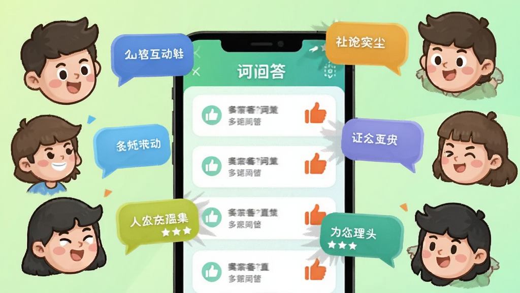 一幅表现“超尘”社区互动场景的图片,画面中有多个卡通人物头像围绕手机屏幕进行对话,屏幕内显示问答列表与点赞图标,背景为浅绿色渐变,风格活泼,布局错落有致,细节清晰,画质干净,无多余元素