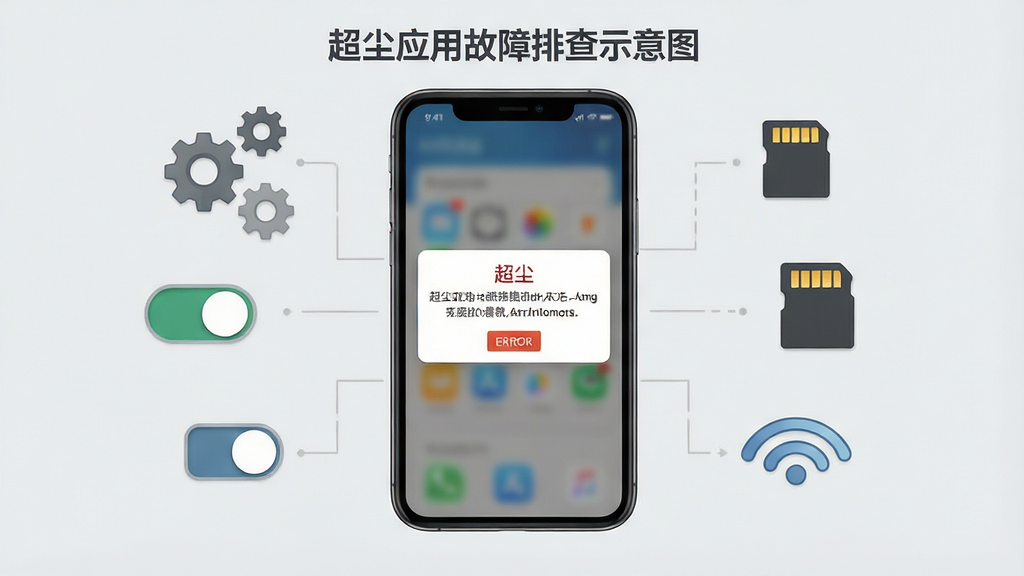 一张“超尘”应用故障排查示意图,画面中央为手机屏幕显示错误提示弹窗,周围环绕着设置齿轮、权限开关、存储卡图标与网络信号图标,背景为浅灰色,风格信息图,排版有序,细节清晰,画质干净,无多余元素