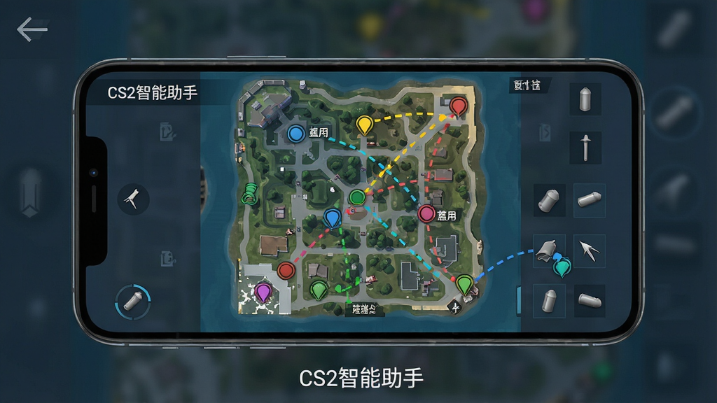 一张展示CS2智能助手战术地图功能的界面截图风格图片,画面以手机屏幕为主体,屏幕内显示一张CS2地图的俯视图,地图上分布着多个彩色标记点与虚线轨迹,代表投掷物路线,界面底部有