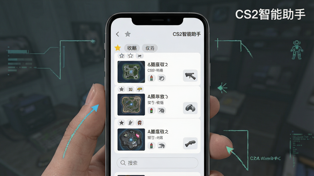 一张展示CS2智能助手个性化收藏功能的界面示意图,画面为手机屏幕特写,屏幕内显示一个列表式收藏夹,条目包含地图名称、道具类型与自定义标签,界面右上角有