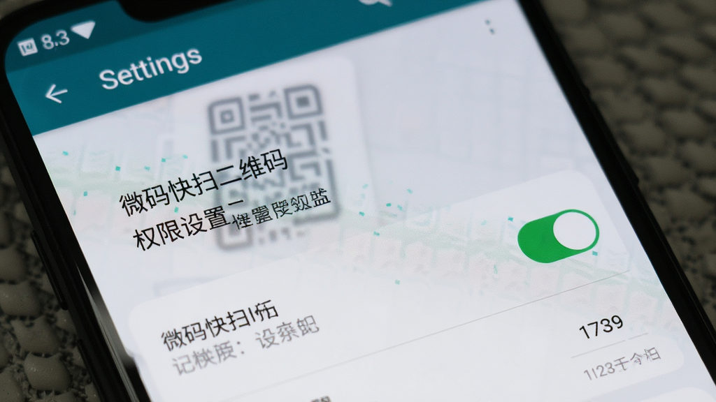 一部安卓手机显示“微码快扫二维码”的权限设置页面,页面中相机权限开关处于开启状态,背景为手机设置界面,风格写实,画质清晰,画面干净,无多余元素