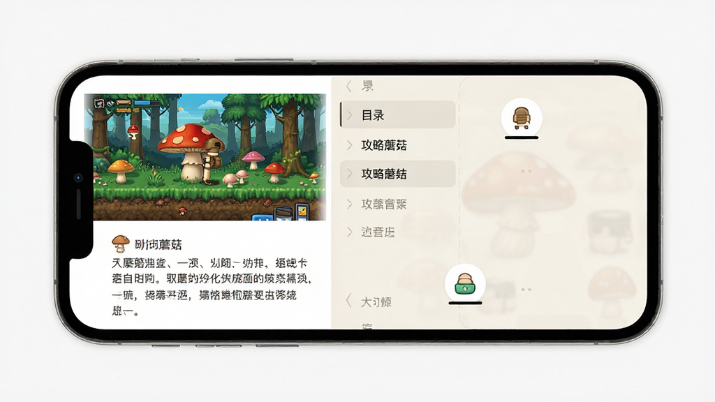踩蘑菇 攻略详情页面 图文混排 上方游戏截图 下方文字步骤说明 侧边有目录导航 手机屏幕展示 浅色主题 排版清晰 高清画质 干净无多余元素