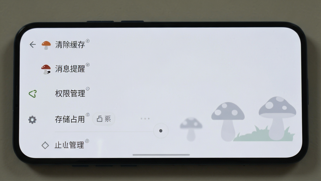 踩蘑菇 安卓版 设置页面 展示清除缓存 消息提醒 权限管理 存储占用等选项 手机屏幕展示 浅色界面 列表式布局 高清画质 干净无多余元素