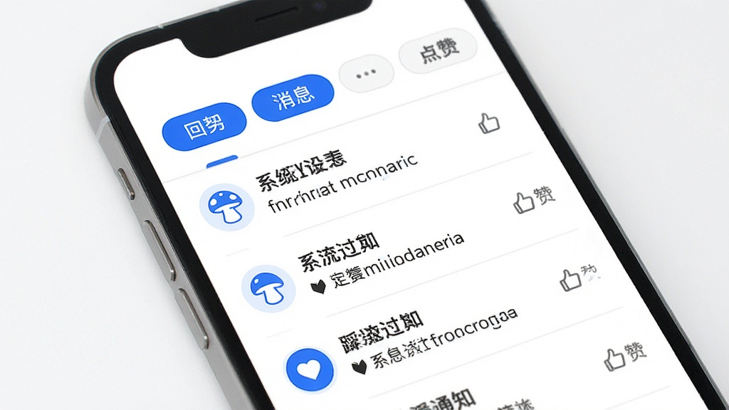 踩蘑菇 消息通知中心界面 列表展示回复 点赞 系统通知 每条消息带有小图标和简短摘要 顶部有分类标签 手机端展示 白色背景 蓝色点缀 高清画质 干净无多余元素