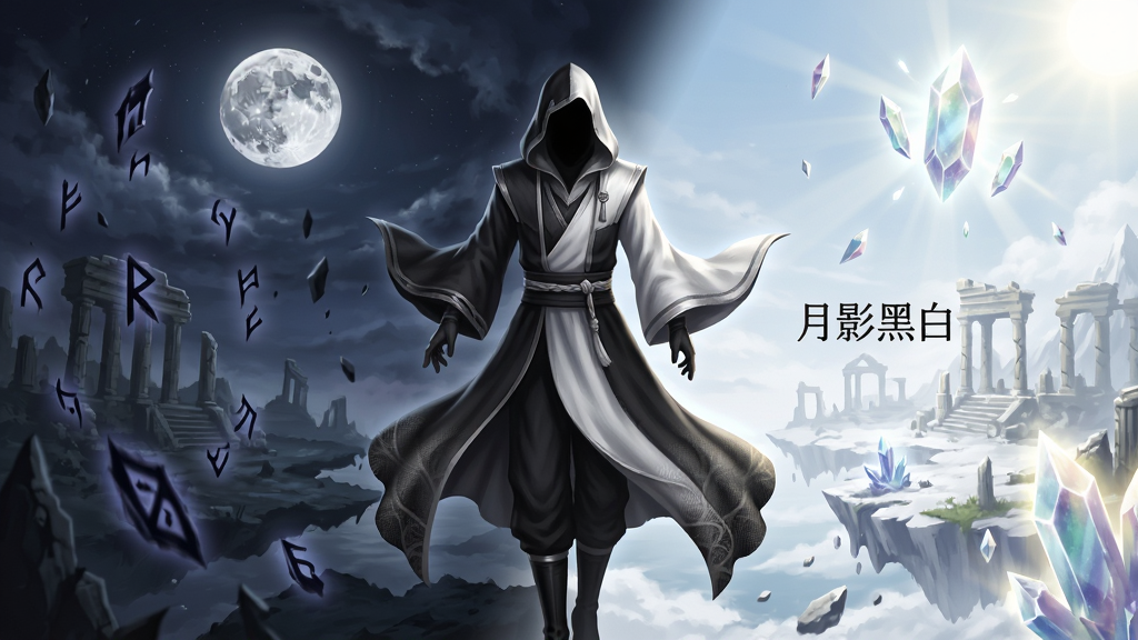 画面中央是一位身穿黑白双色长袍的神秘角色,背景是分割为月光黑夜与纯白昼日的奇幻大陆,左侧漂浮着暗色符文,右侧闪耀着光明结晶,整体布局采用对角线构图,风格为暗黑幻想CG插画,细节包括角色衣摆的渐变纹理、背景中若隐若现的古老遗迹与漂浮的碎片,画质高清精致,画面干净无多余元素,图中适当位置写上“月影黑白”四个字。