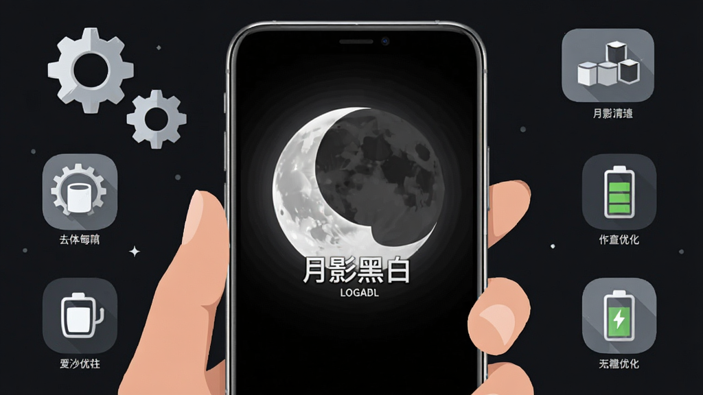 画面展示一部智能手机竖屏握持的特写,屏幕上显示月影黑白游戏的加载界面,周围环绕着设置齿轮、存储空间图标、电池优化标志等元素,布局为手机居中、元素环绕,风格为科技感扁平插画,细节包括手机边框的金属光泽、屏幕中的月光图案、各功能图标的小字标注,画质清晰干净,图中文字为“月影黑白”。