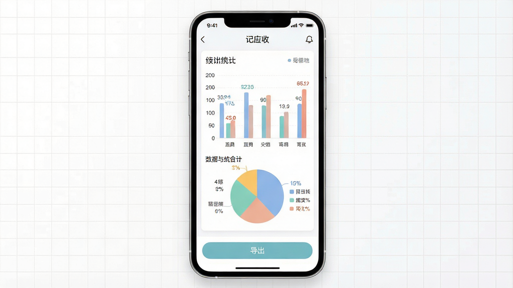 一张展示数据统计与导出功能的图片,主体为手机屏幕显示“记应收”应用的统计图表,包含柱状图和饼图;布局为手机居中,背景为白色带浅灰网格;排版上图表占据屏幕主体,下方有导出按钮;风格为数据可视化风格;细节包括图表颜色柔和、数据标签清晰;画质高清,画面干净,无多余元素。