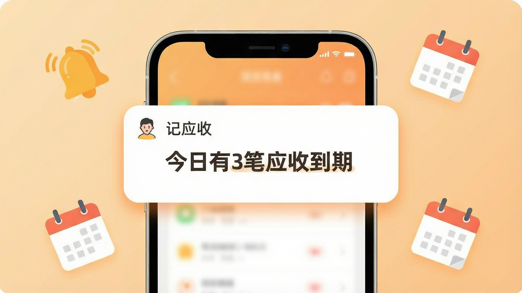 一张以到期提醒为主题的图片,主体为手机屏幕弹出“记应收”应用的通知提醒,显示“今日有3笔应收到期”;布局为手机居中,背景为浅橙色渐变,周围有铃铛和日历图标漂浮;排版上通知卡片位于屏幕中央偏上;风格为活泼扁平风;细节包括通知卡片有圆角阴影、文字清晰;画质高清,画面干净,无多余元素。