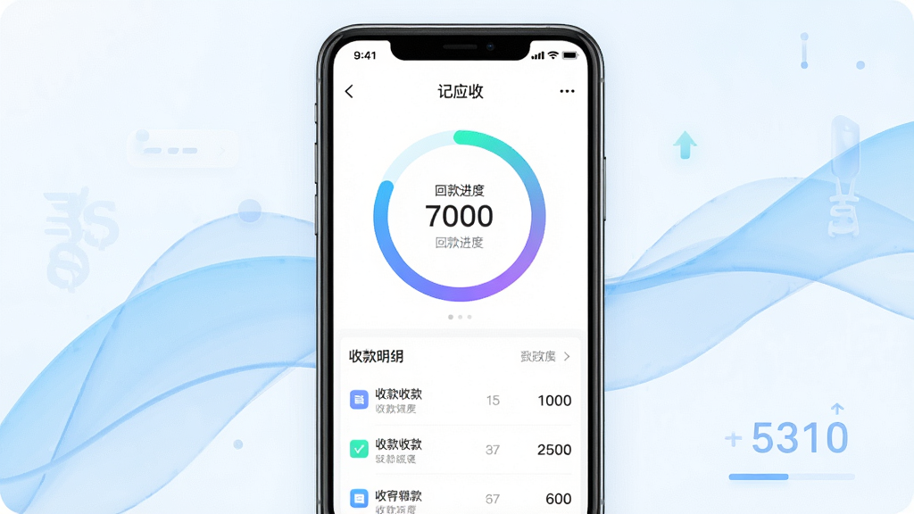 一张展示回款进度跟踪功能的图片,主体为手机屏幕显示“记应收”应用中的回款进度环和分次收款记录;布局为手机居中,背景为淡蓝色抽象曲线;排版上进度环位于屏幕上方,下方为收款明细列表;风格为清新科技风;细节包括进度环有渐变填充、数字清晰;画质高清,画面干净,无多余元素。