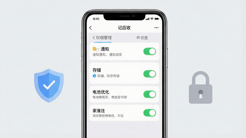 一张展示手机安全设置界面的图片,主体为手机屏幕显示“记应收”应用的权限管理页面,包含通知、存储、电池优化等开关;布局为手机居中,背景为浅灰色,旁边有盾牌和锁的图标;排版上权限列表清晰排列;风格为安全简约风;细节包括开关状态有颜色区分、文字说明简短;画质高清,画面干净,无多余元素。
