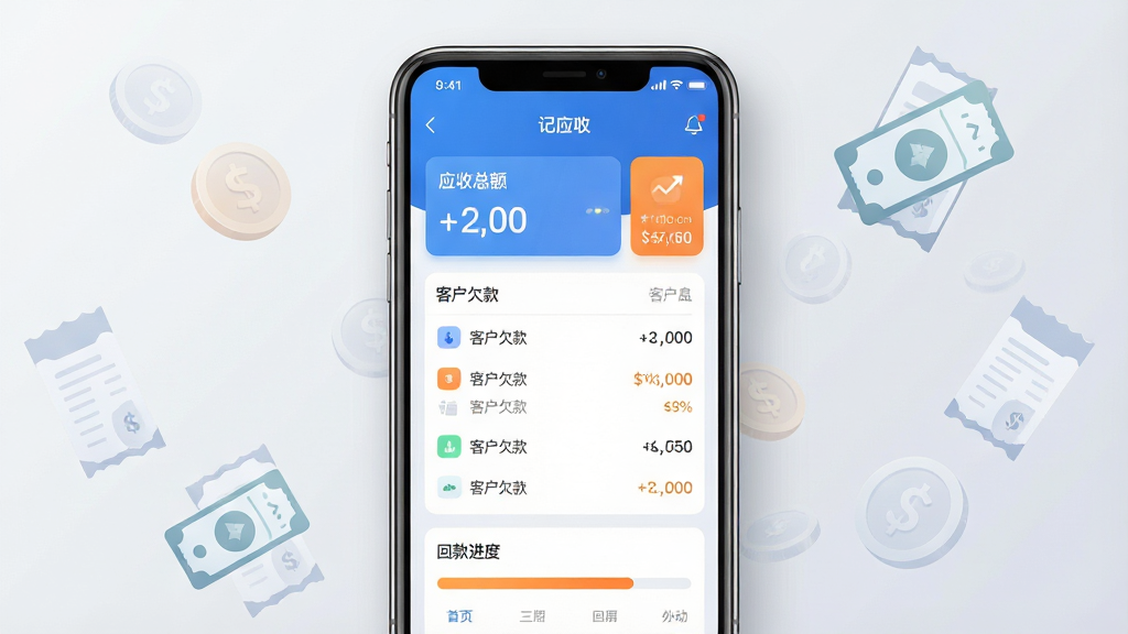 一张展示手机记账应用界面的图片,主体为一部竖屏智能手机,屏幕上显示“记应收”应用的首页界面,包含应收总额卡片、客户欠款列表和回款进度条;布局为手机居中,背景为浅灰色渐变,四周散落几个半透明的硬币和账单图标作为点缀;排版简洁清晰,重点突出手机屏幕内容;风格为现代扁平化UI设计风,色调以蓝白为主,辅以橙色强调;细节上手机边缘有轻微阴影,屏幕内文字清晰可辨,图标圆润;画质高清,画面干净,无多余元素。