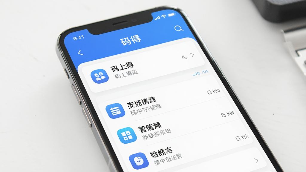 手机屏幕展示“码上得”信息管理界面,列表中包含多条记录,每条记录带有图标和文字说明,界面排版整齐,风格简约商务,画质清晰,干净无多余元素