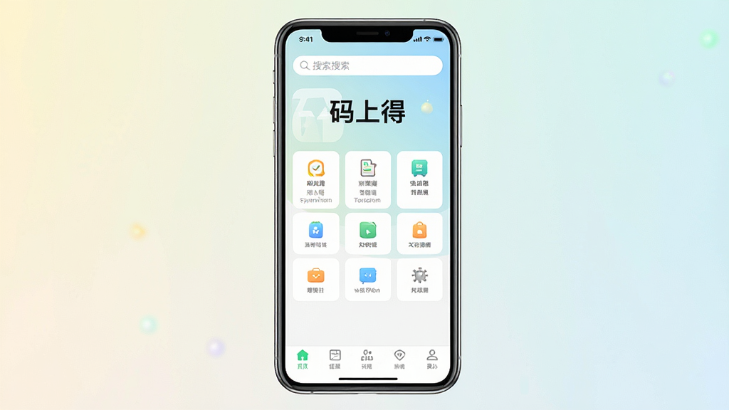 一张展示手机屏幕的图片,屏幕中央显示“码上得”应用主界面,界面布局简洁,顶部有搜索栏,中部为功能图标网格,底部为导航菜单,背景为浅色渐变,整体风格清新明快,画质清晰,干净无多余元素