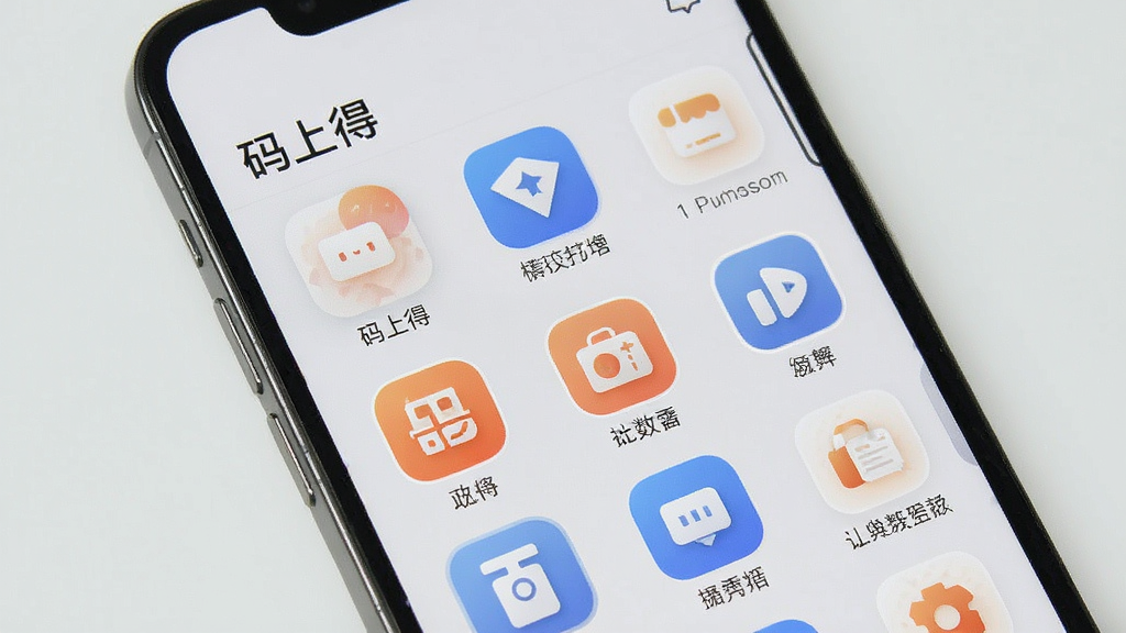 手机屏幕展示“码上得”工具集页面,多个工具图标以网格形式排列,图标设计统一,背景为浅灰色,风格清爽素雅,画质清晰,干净无多余元素