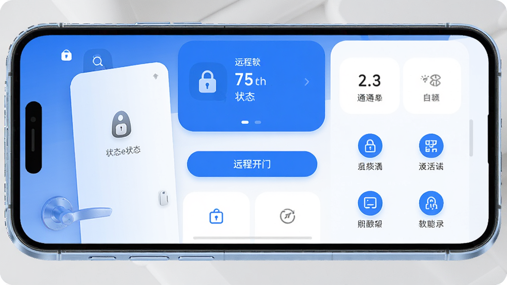 通通e锁软件主界面展示,主体为一部智能手机居中放置,屏幕上显示通通e锁APP的首页界面,包含门锁状态卡片、远程开门按钮和功能图标排列,布局采用上下结构,上方为状态显示区,下方为功能菜单区,风格为现代简约科技风,细节上手机边框圆润、界面配色以蓝白为主、图标清晰精致,画质高清,干净,无多余元素
