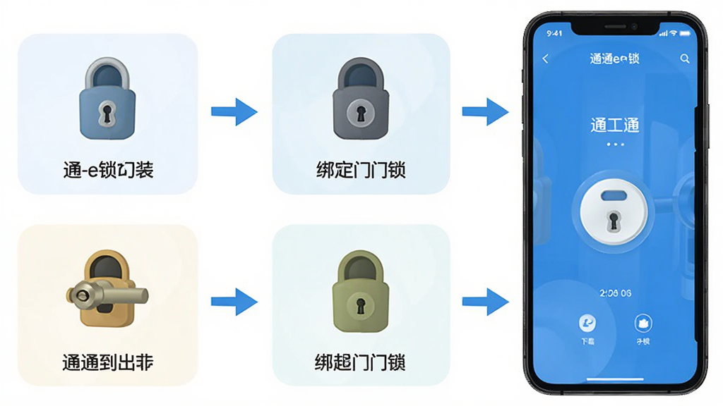 通通e锁安装绑定操作流程图,主体为手机屏幕展示通通e锁APP从下载到绑定门锁的完整步骤,布局为上下分步排列,每一步配有图标和简要文字说明,风格为扁平化教程风,细节上步骤之间有箭头连接、配色清晰易读、界面简洁,画质高清,干净,无多余元素