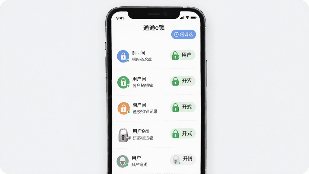 通通e锁开锁记录查询界面,主体为手机屏幕展示通通e锁APP的开锁记录列表,布局为纵向列表排列,每条记录包含时间、用户和开锁方式图标,风格为清爽简洁风,细节上列表项之间有分割线、图标颜色区分不同开锁方式、顶部有筛选按钮,画质高清,干净,无多余元素