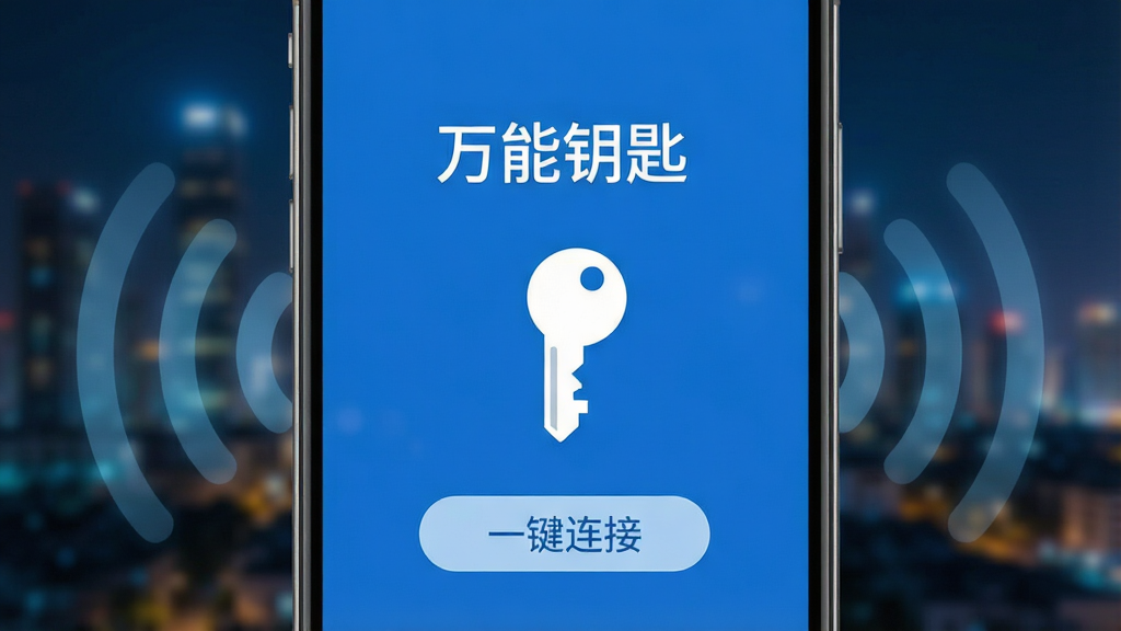 一张展示智能手机屏幕特写的图片,屏幕中央显示着“万能钥匙”的蓝色界面,界面中有一个醒目的钥匙图标和“一键连接”按钮,背景是虚化的城市夜景与Wi-Fi信号波纹,构图简洁,风格现代科技感,画质清晰,干净无多余元素